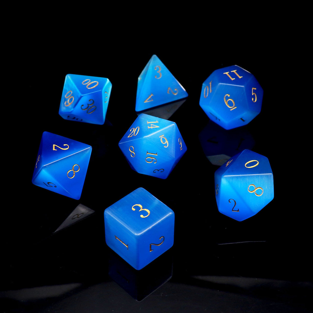 Blue Cat Eye Stone DND Dice Set with Premium Wood Dice Case