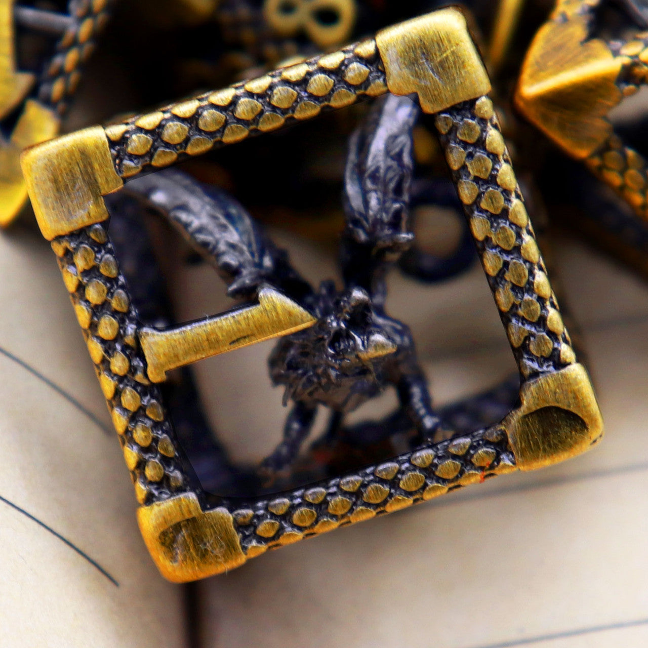 Haxtec Hollow Dragon Metal DND Dice Set With Leather Dice Bag for Dungoens and Dragons RPG Gift Antique Gold Dragon