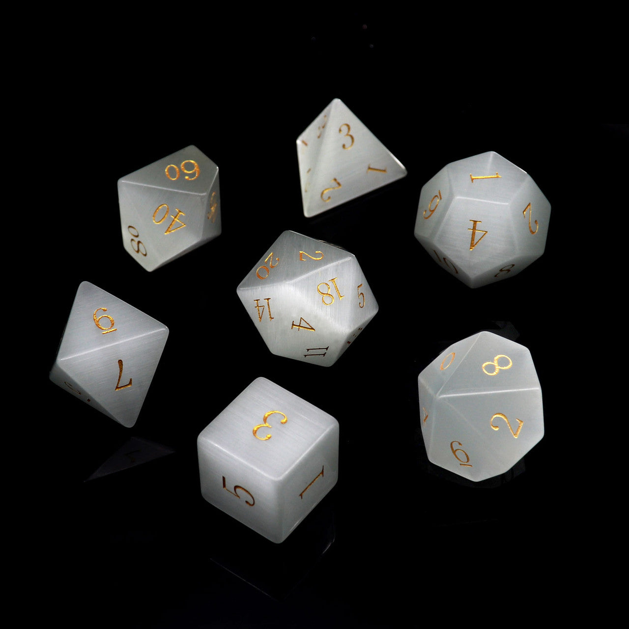 White Cat Eye Stone DND Dice Set with Premium Dice Case