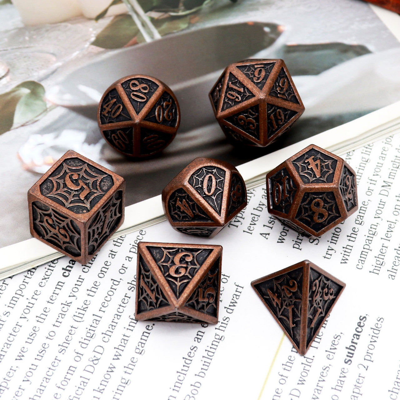 web metal dnd dice set antique copper bronze silver iron grey dice