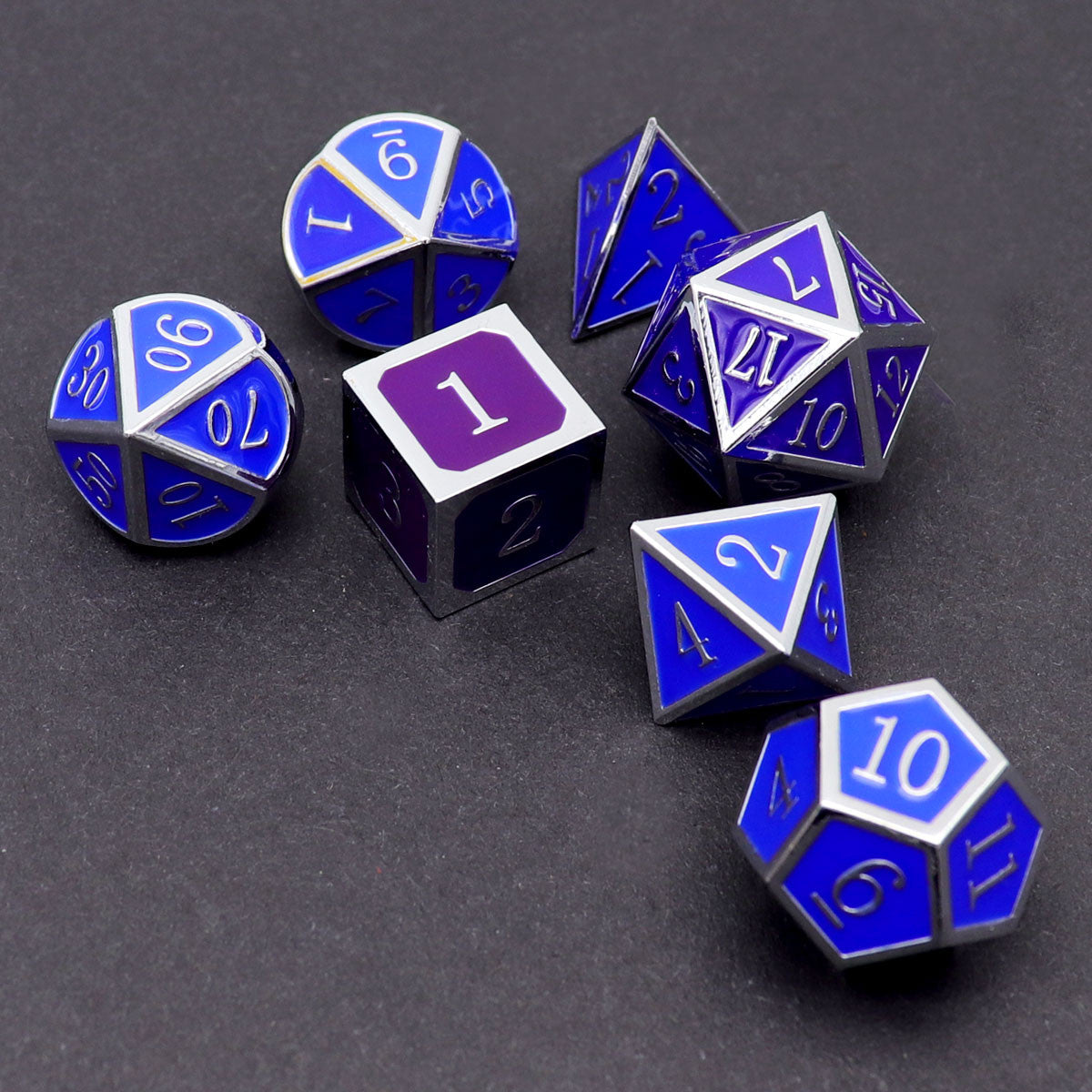 silver metal dice, silver purple dice, silver blue dice, metal dnd dice, dice set, metal dice, color changing dice, heat sensitive dice.