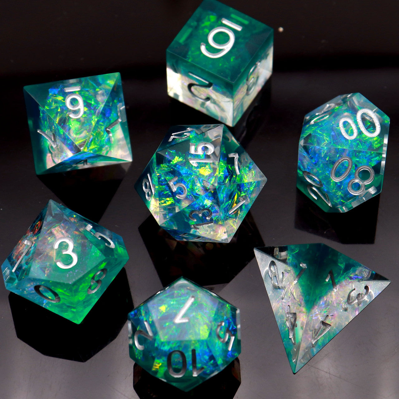 Haxtec Green Clear Sharp Edge Resin Dice Set Galaxy Series With Velvet Dice Vault-Green Galaxy