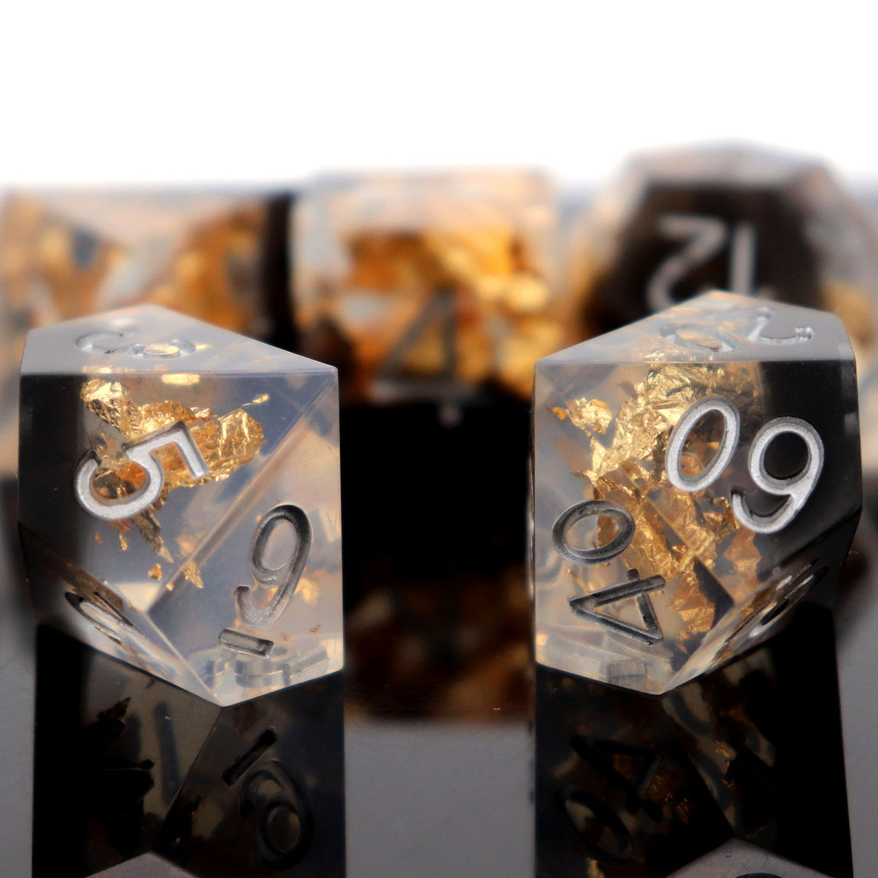 black clear gold foil resin dice set dnd sharp edge dice by haxtec