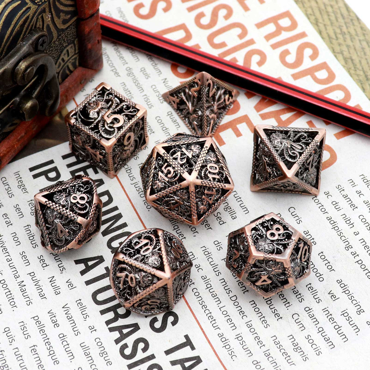 Haxtec Hollow Metal DND Dice Set Octopus Kraken Mind Flayer Dice-Antique Copper