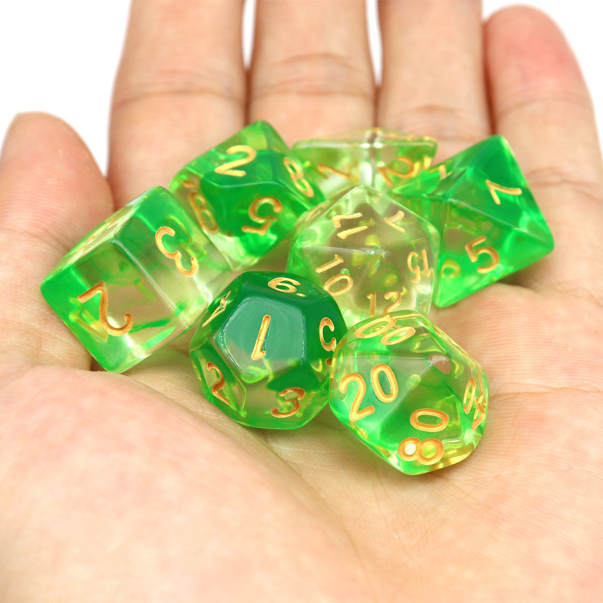 green dice, vapor dice, wisp dice, ink dice clear dice, swirl dice, dnd dice, rpg dice, polyhedral dice