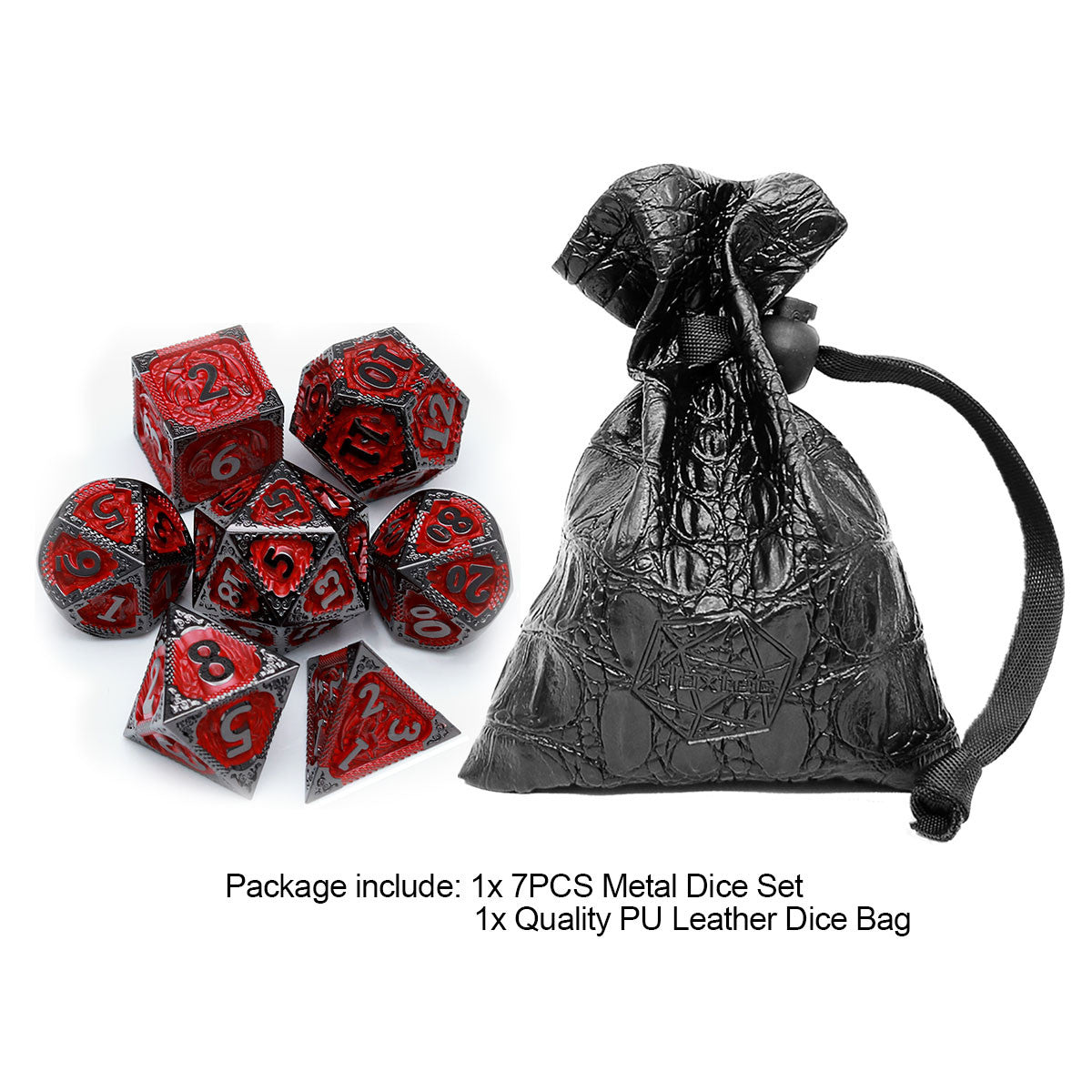 Haxtec Fire-breathing Dragon Pattern Metal DND Dice Set With Leather Dice Bag for Dungoens and Dragons RPG Gifts-Black Red