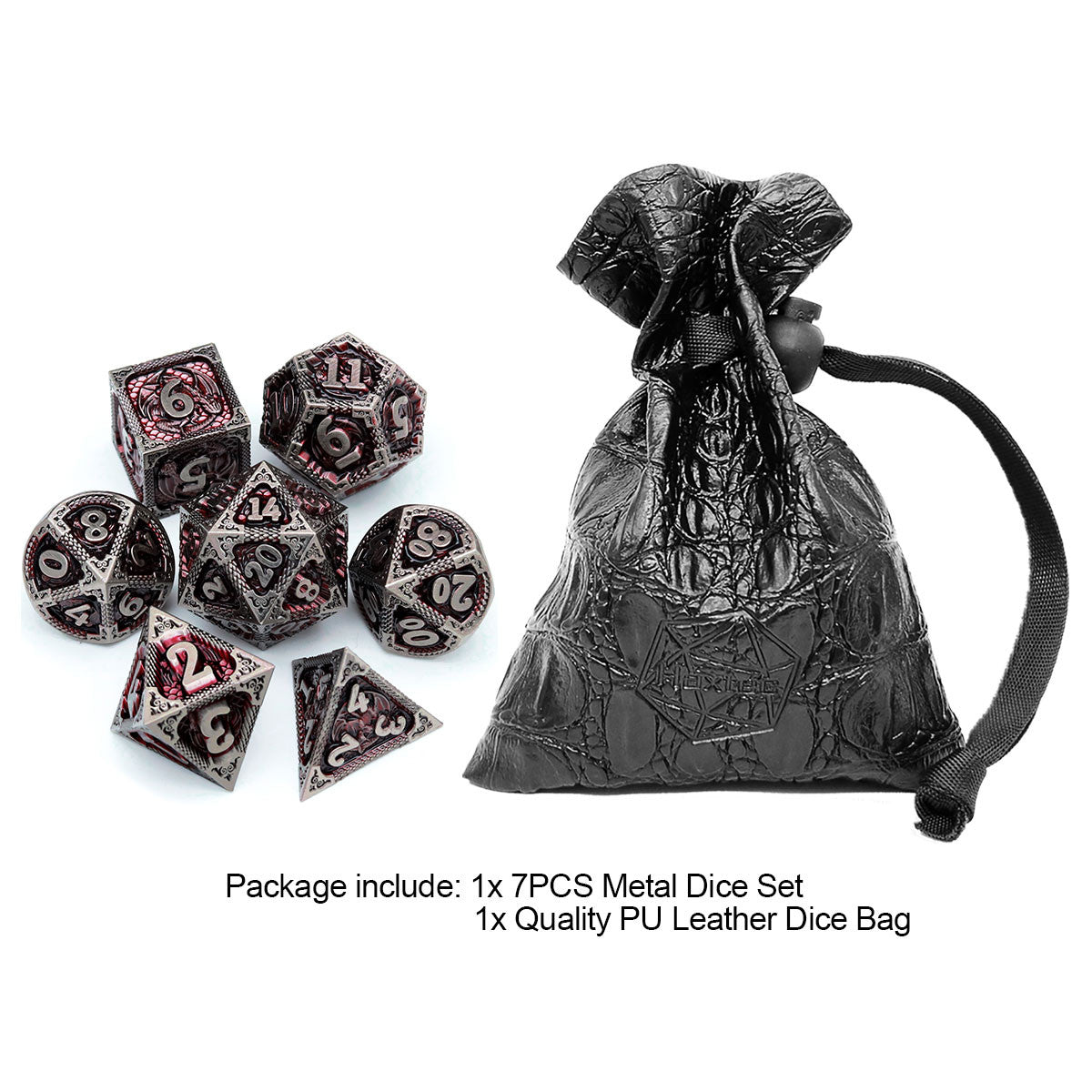 Haxtec Fire-breathing Dragon Pattern Antique Iron Red Metal DND Dice Set With Leather Dice Bag for Dungoens and Dragons RPG Gifts