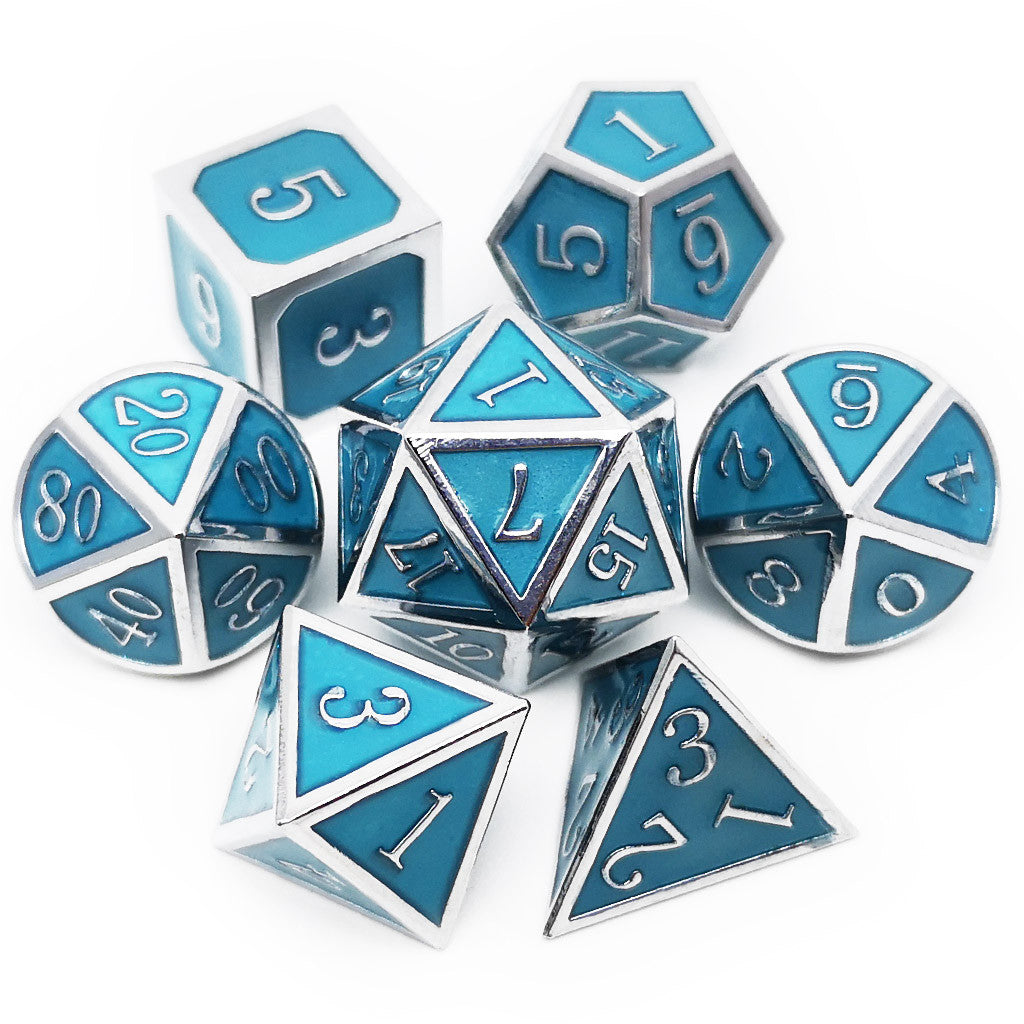Metal dice set glow in the dark silver glowing blue