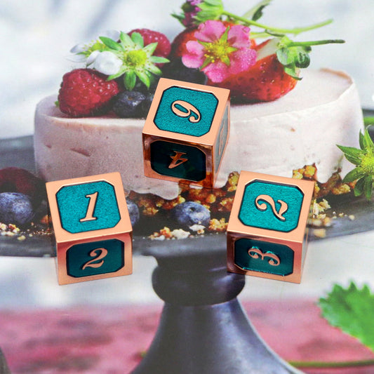 copper teal dice, copper dice, teal dice, metal d6 dice, d6, single d6, haxtec dice