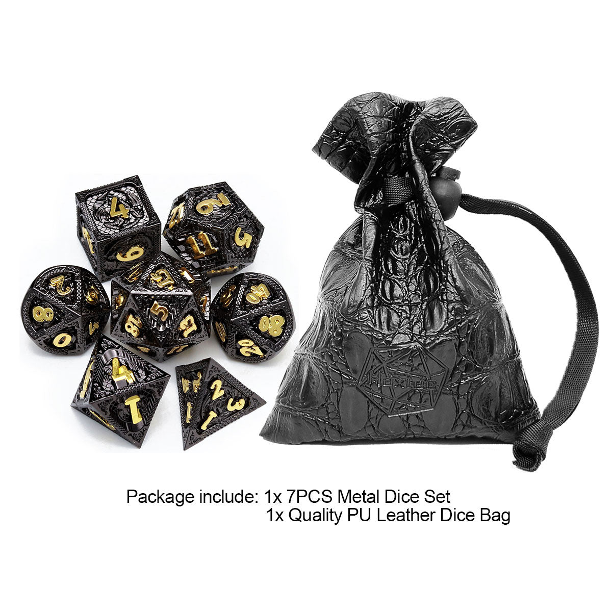 black gold metal dnd dice set dragon pattern