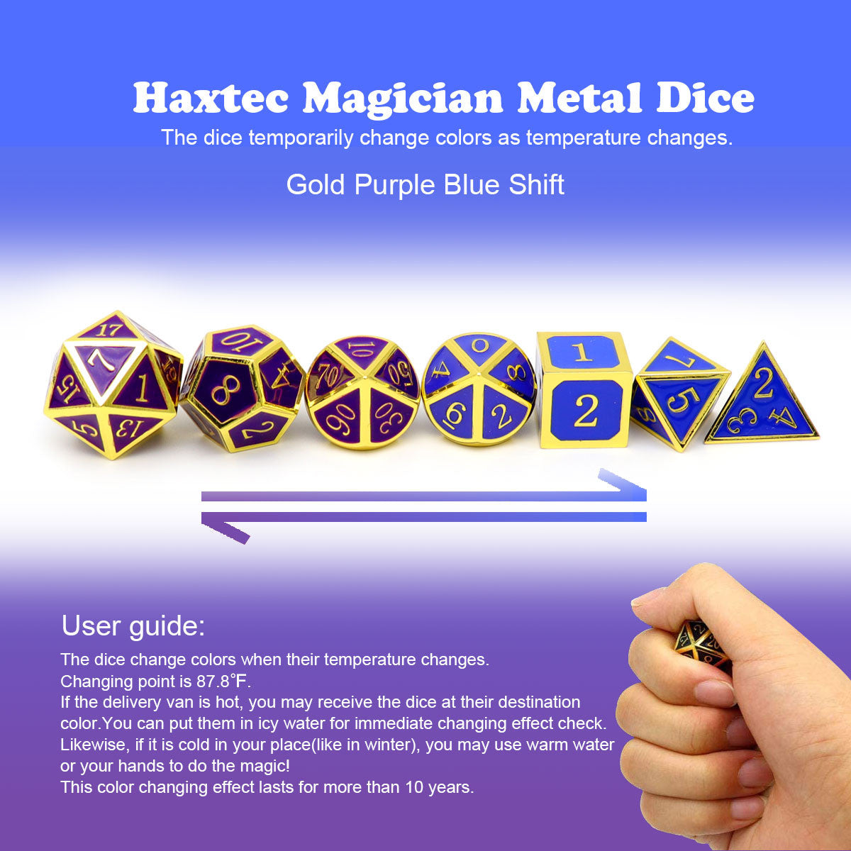 gold purple blue dice, color changing dice, haxtec dice, heat sensitive dice, gold metal dice, purple blue dice, rpg dice, dnd dice, dice set.