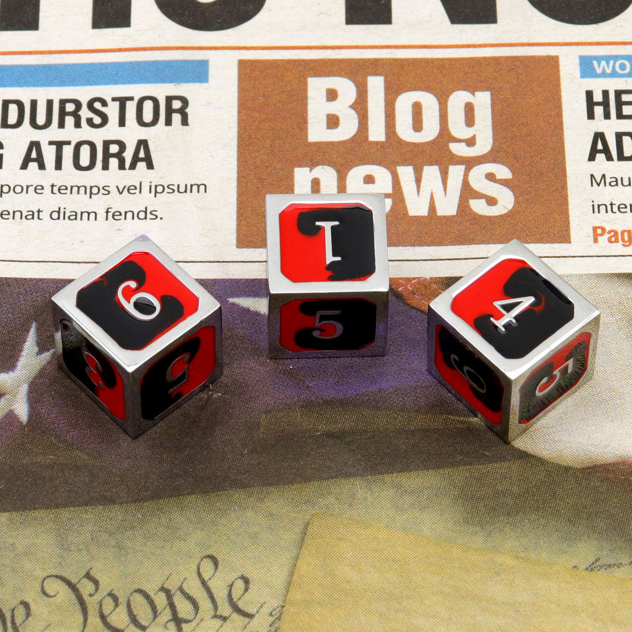 silver red black metal dice, metal d6 dice red black, red black dice, metal dnd dice