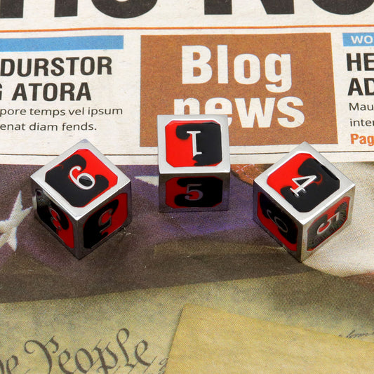 silver red black metal dice, metal d6 dice red black, red black dice, metal dnd dice