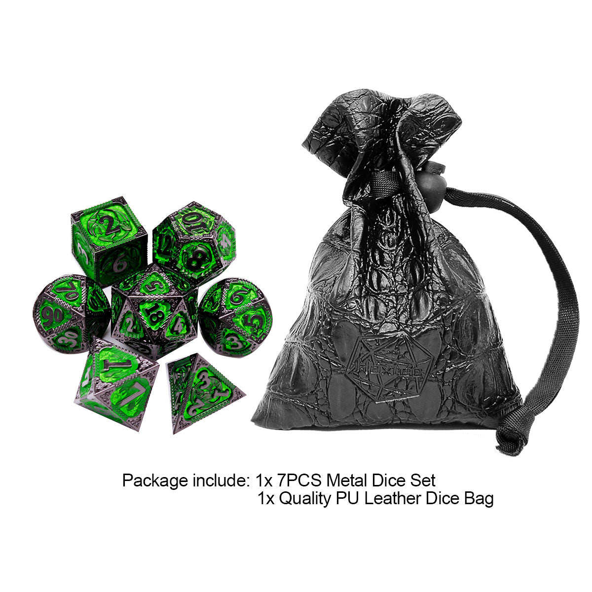 Haxtec Fire-breathing Dragon Pattern Black Matt Green Metal DND Dice Set With Leather Dice Bag for Dungoens and Dragons RPG Gifts