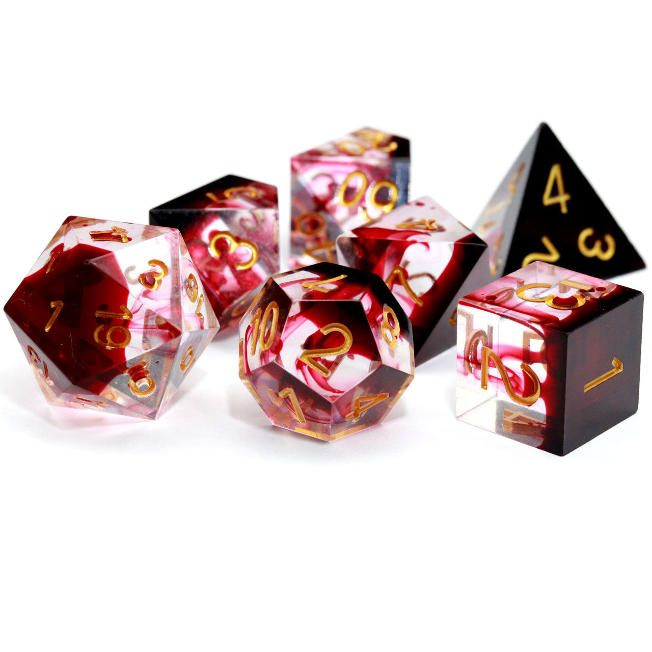 red blood swirl sharp edge dice set with dice case