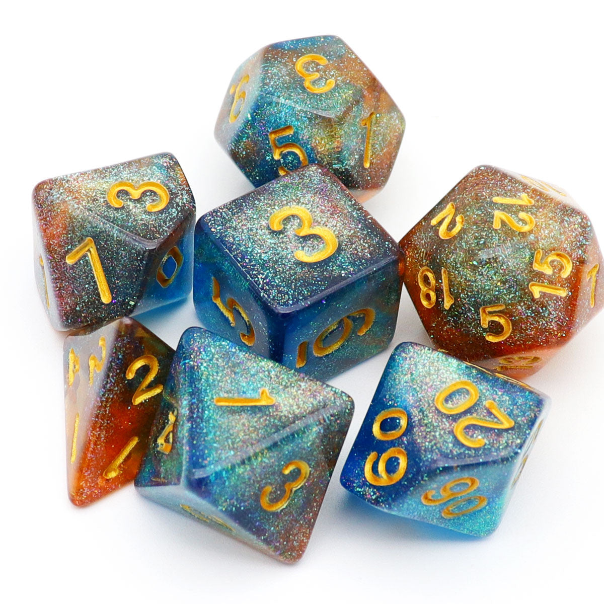 haxtec glitter dnd dice set, blue tea dice set, fire opal dice set, rpg dice, dragon dice, d&d dice