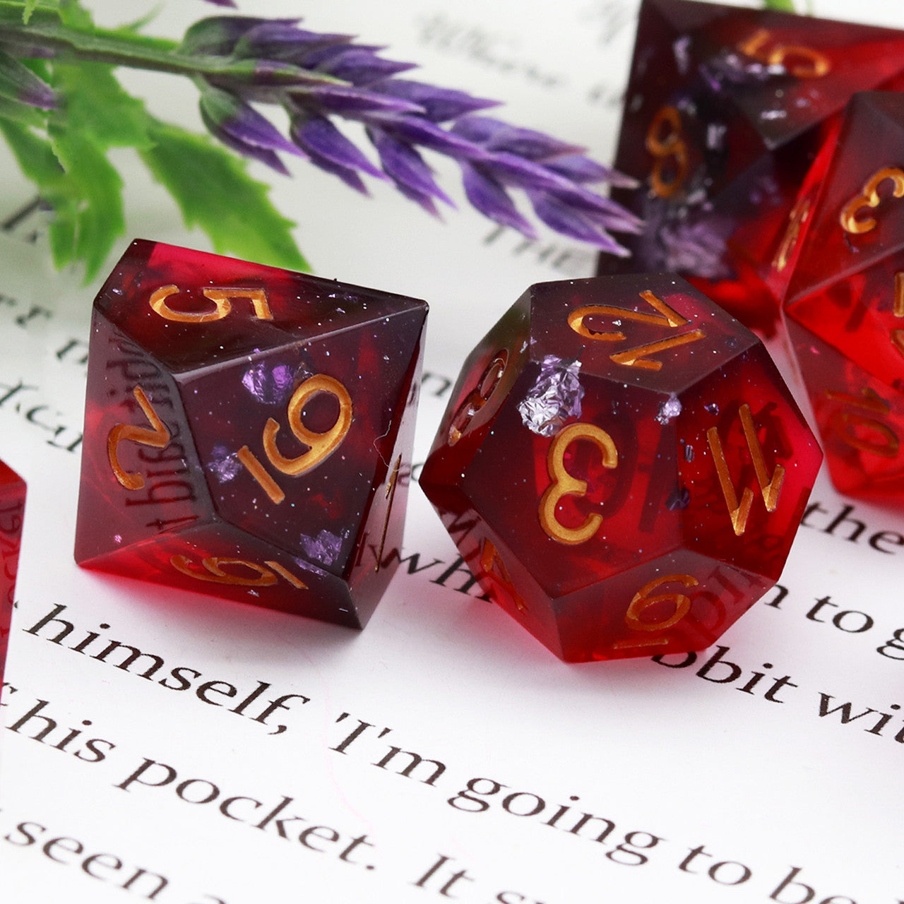 Haxtec Sharp Edge Resin Dice Set Red Purple Black Gold Foil Inclusion War Series With Velvet Dice Vault
