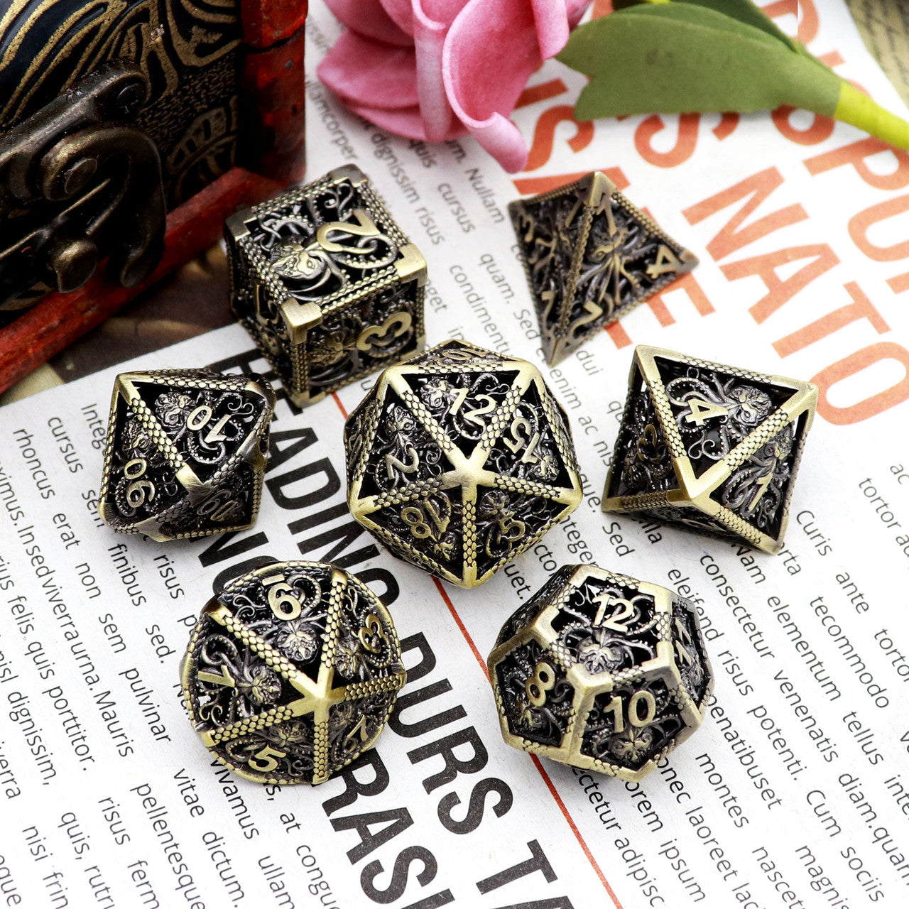 Haxtec Hollow Metal DND Dice Set Octopus Kraken Mind Flayer Dice-Antique Bronze