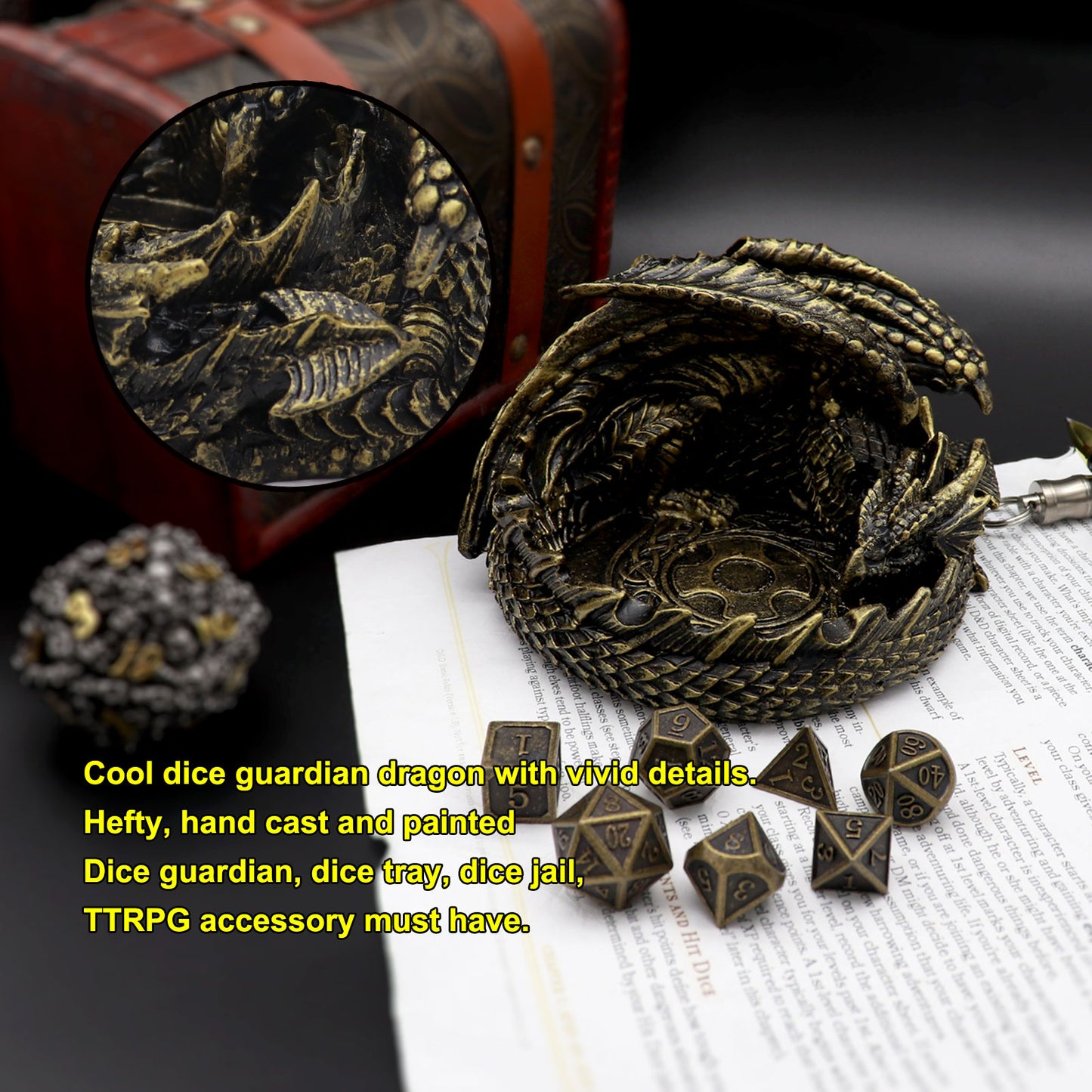 Haxtec Dragon Dice Jail Guardian DND Dice Tray Holder Dungeons and Dragons Accessories Novelty DM RPG Gift Dragon Statue Decor(Antique Bronze)