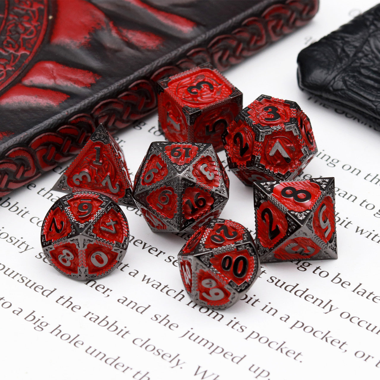 Haxtec Fire-breathing Dragon Pattern Metal DND Dice Set With Leather Dice Bag for Dungoens and Dragons RPG Gifts-Black Red