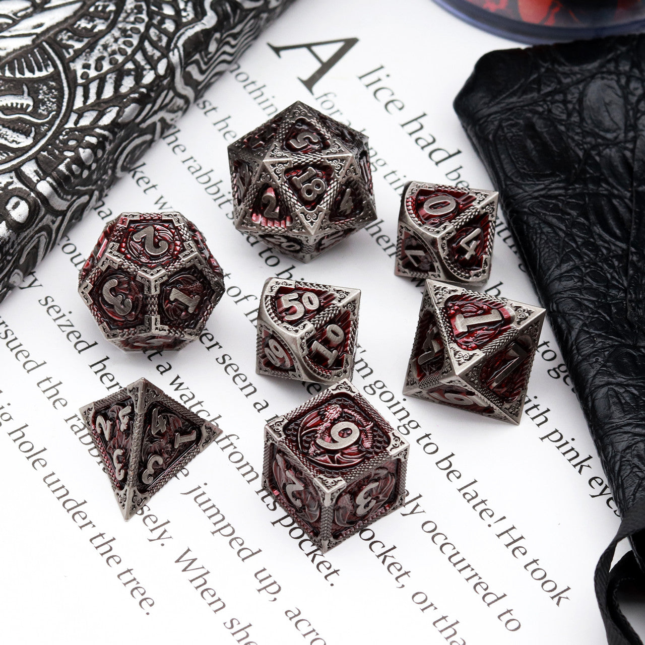 Haxtec Fire-breathing Dragon Pattern Antique Iron Red Metal DND Dice Set With Leather Dice Bag for Dungoens and Dragons RPG Gifts