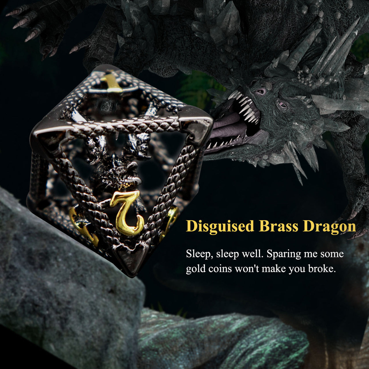 Haxtec Hollow Dragon Metal DND Dice Set With Leather Dice Bag for Dungoens and Dragons RPG Gift Black Gold Dragon