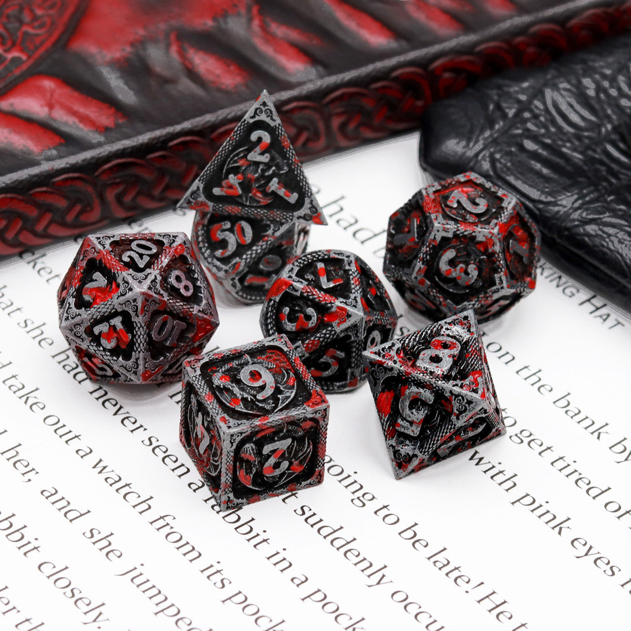 Haxtec Bloodstained Metal DND Dice Set With Dragon Pattern Leather Dice Bag for Dungoens and Dragons RPG Gifts