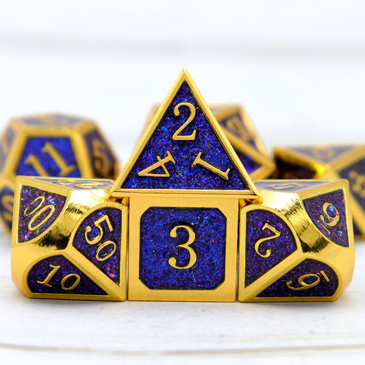 gold metal dice, glitter metal dice , blue glitter dice, haxtec metal dice, blue purple glitter dice, rpg dice , polyhedral metal dice