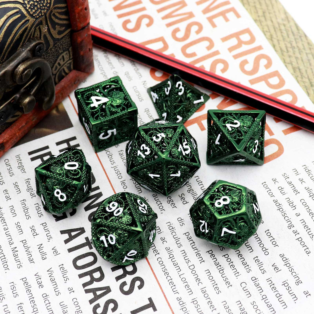 Haxtec Hollow Metal DND Dice Set Octopus Kraken Mind Flayer Dice-Green White Numbers