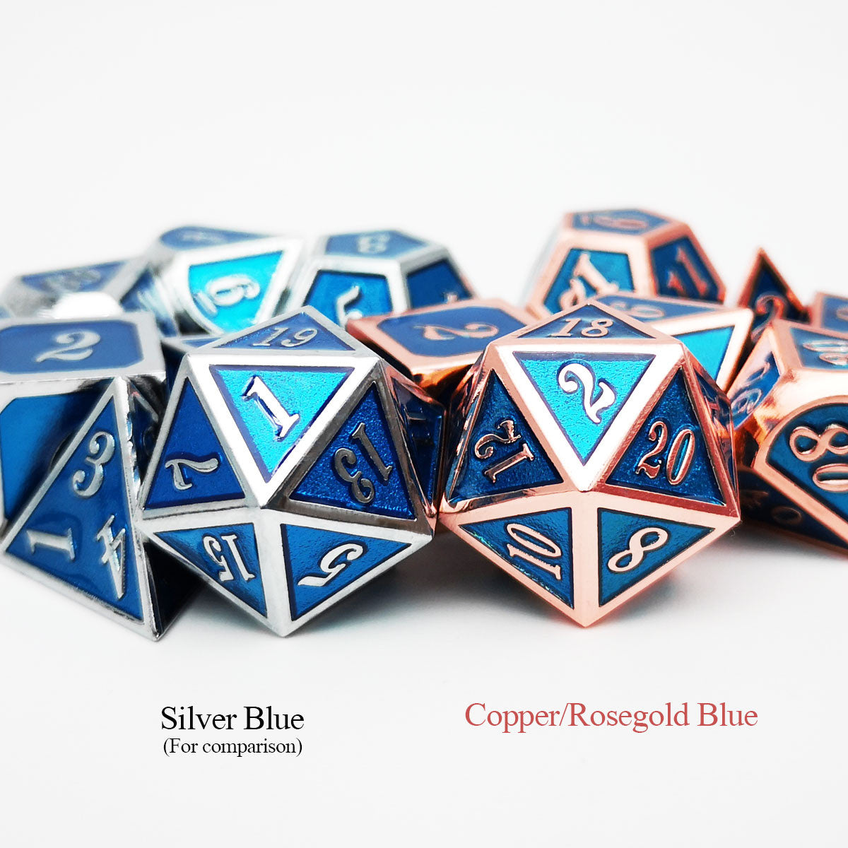 copper blue metal dice, copper metal dice, blue metal dice, polyhedral metal dice