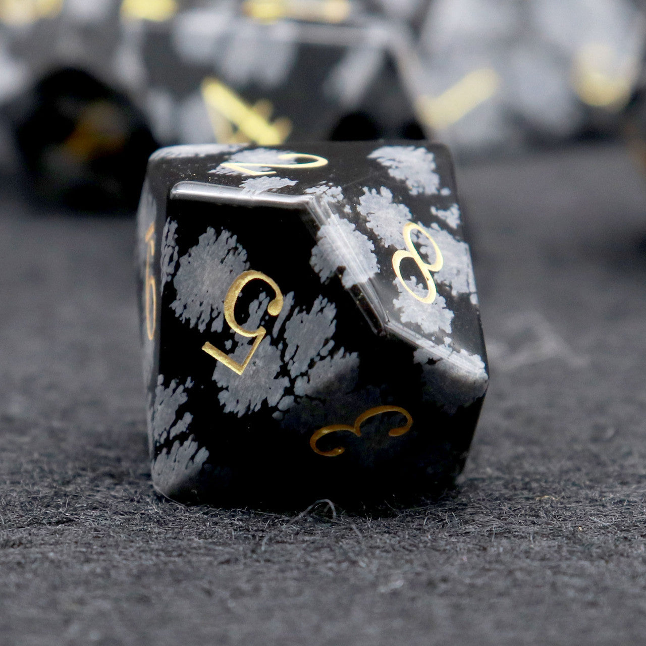 snowflake obsidian dice, gemstone dice, dnd dice, haxtec dice, natural stone dice