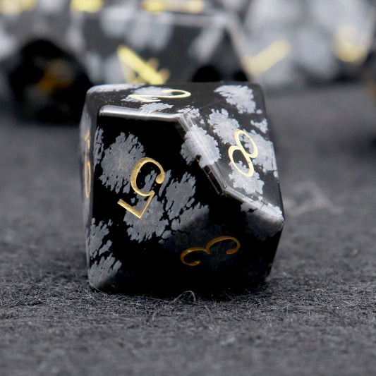 snowflake obsidian dice, gemstone dice, dnd dice, haxtec dice, natural stone dice