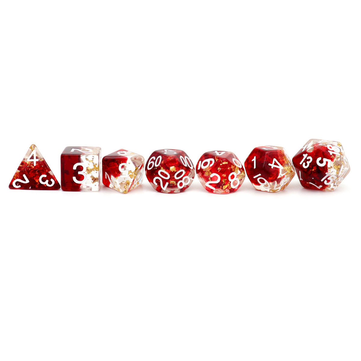 red resin dice, resin dice, dnd dice, dice set, dungeons and dragons, haxtec dice, rpg dice, red dice. gold leaf dice