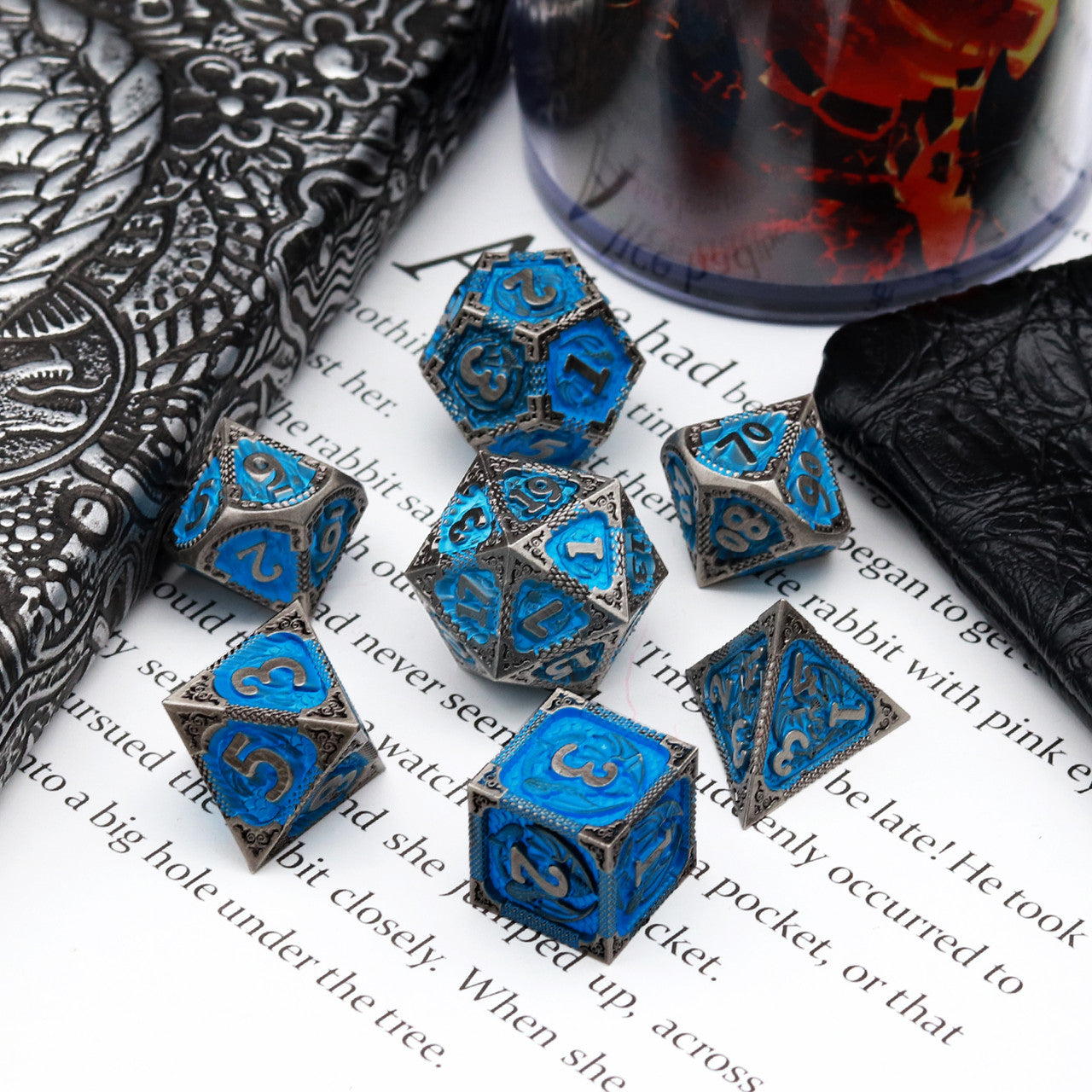 Haxtec Fire-breathing Dragon Pattern Blue Metal DND Dice Set With Leather Dice Bag for Dungoens and Dragons RPG Gifts-Antique Iron Matt Blue