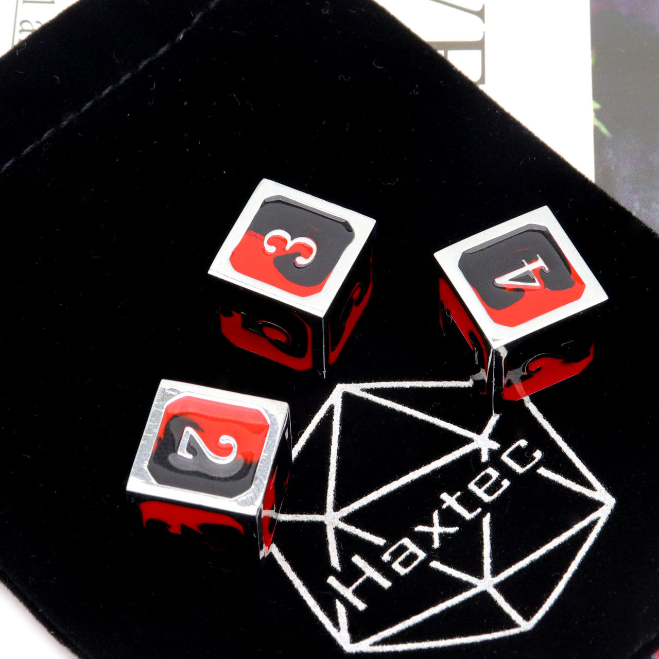 silver red black metal dice, metal d6 dice red black, red black dice, metal dnd dice