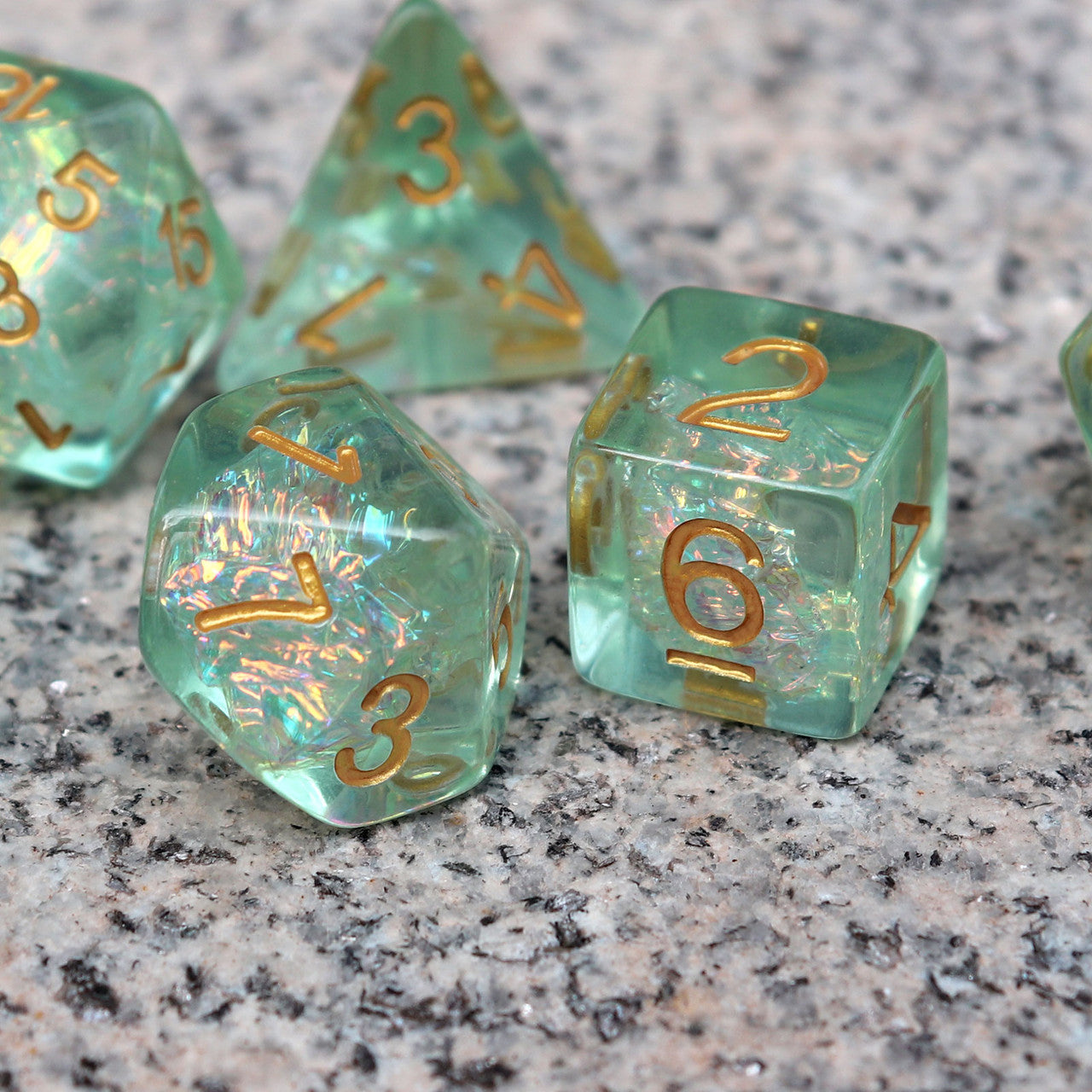 Iridescent dice, green dice