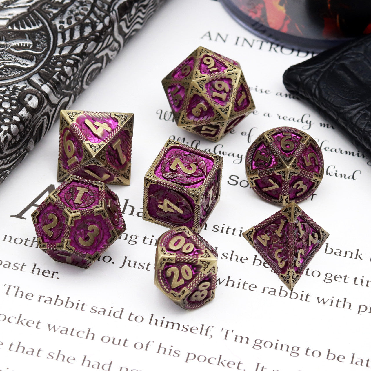 bronze purple metal dnd dice set dragon pattern dragon scale leather dice bag