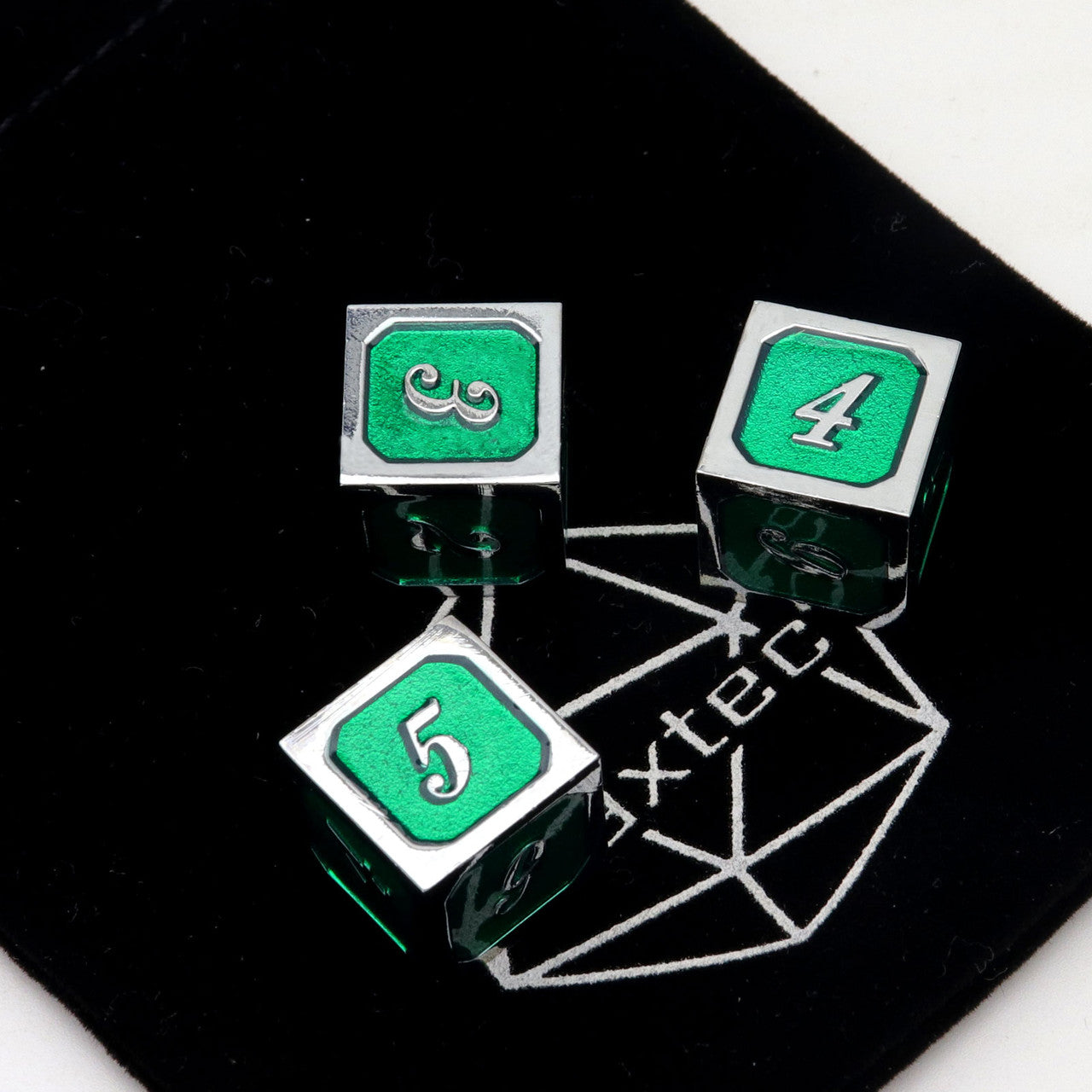 silver green metal dice, metal d6 die, haxtec metal dice