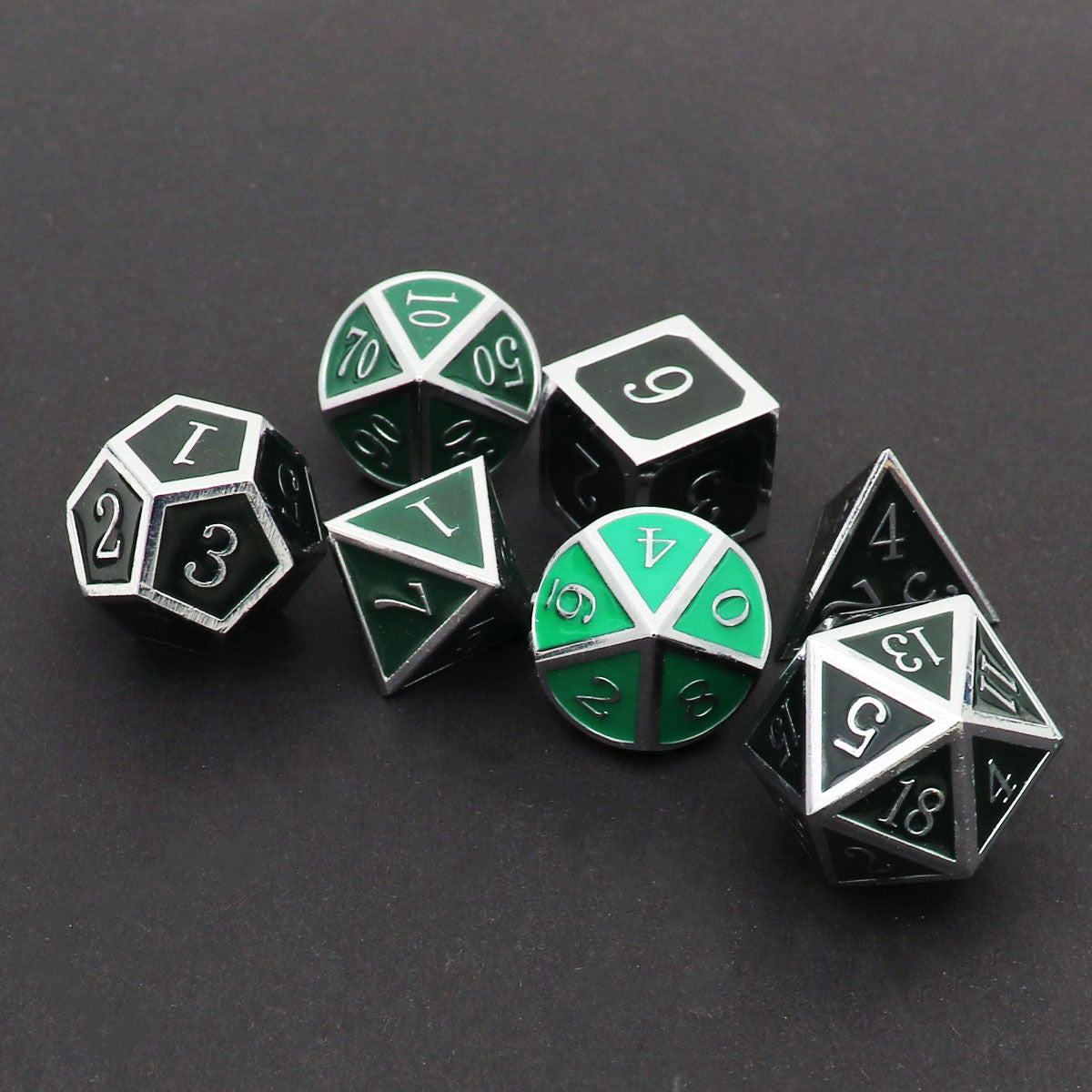 silver black green metal dice, color changing metal dice, temperature color changing dice, temperature sensitive dice, metal dnd dice, dnd dice, silver black metal dice, silver green metal dice