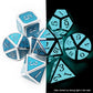 Metal dice set glow in the dark silver glowing blue comparing