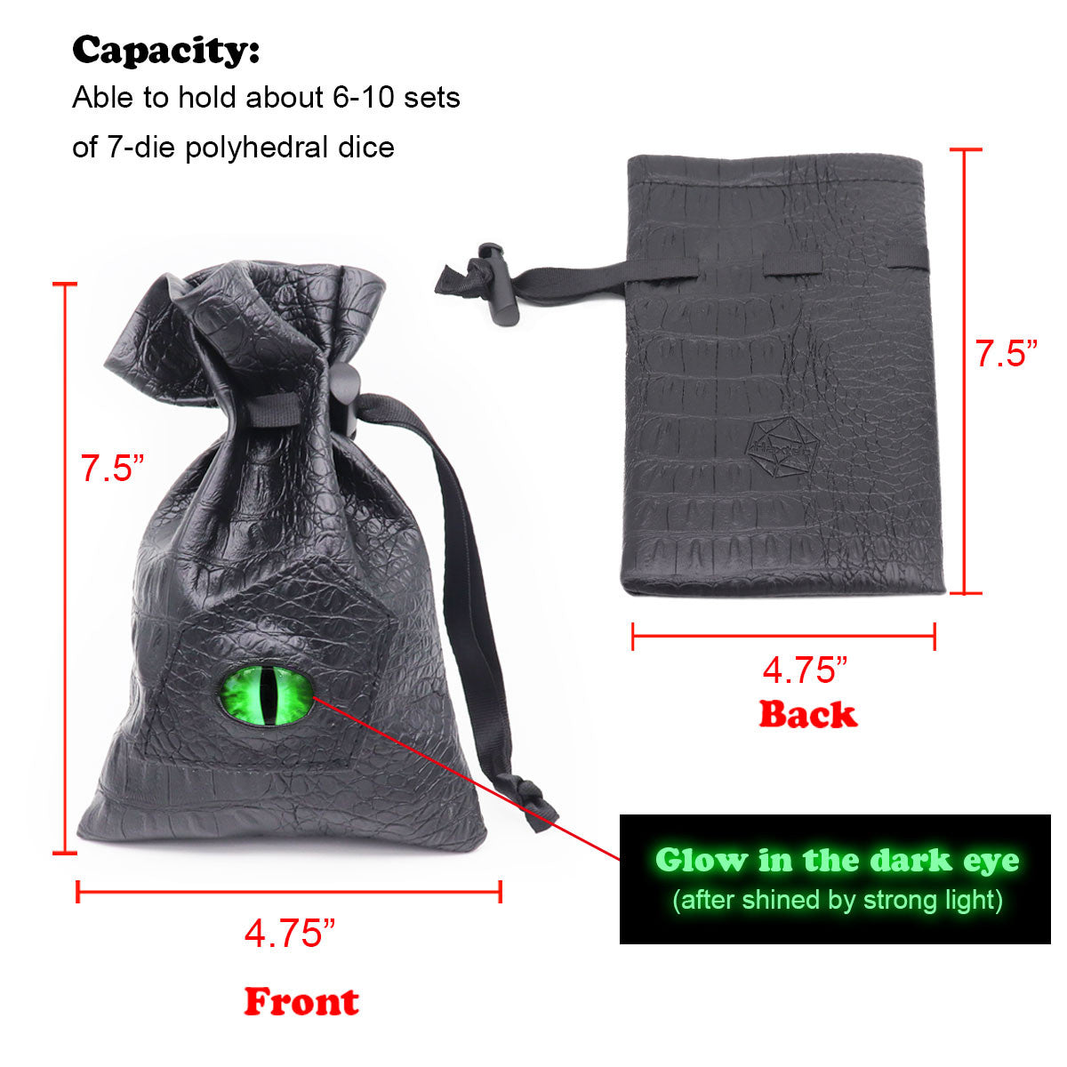 drgaon eye dice bag, leather dice bag, eye dice bag, drawstring dice bag, green eye dice bag, green eye