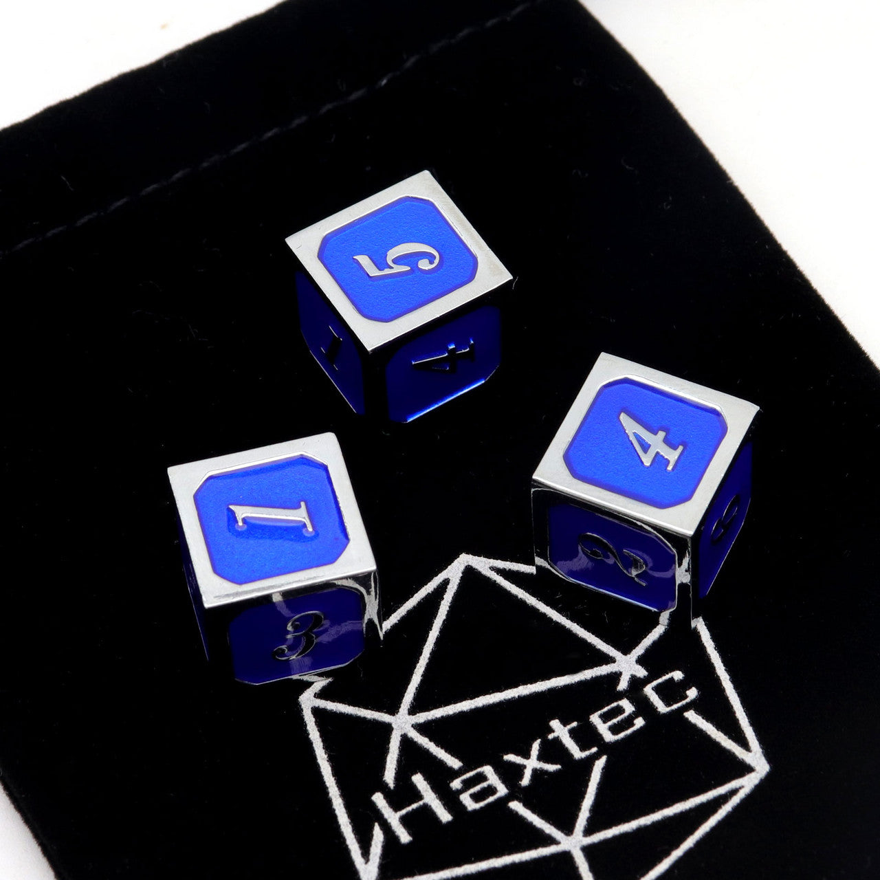 silver blue metal dice, navy blue dice, metal d6 die, haxtec dice, haxtec metal dice
