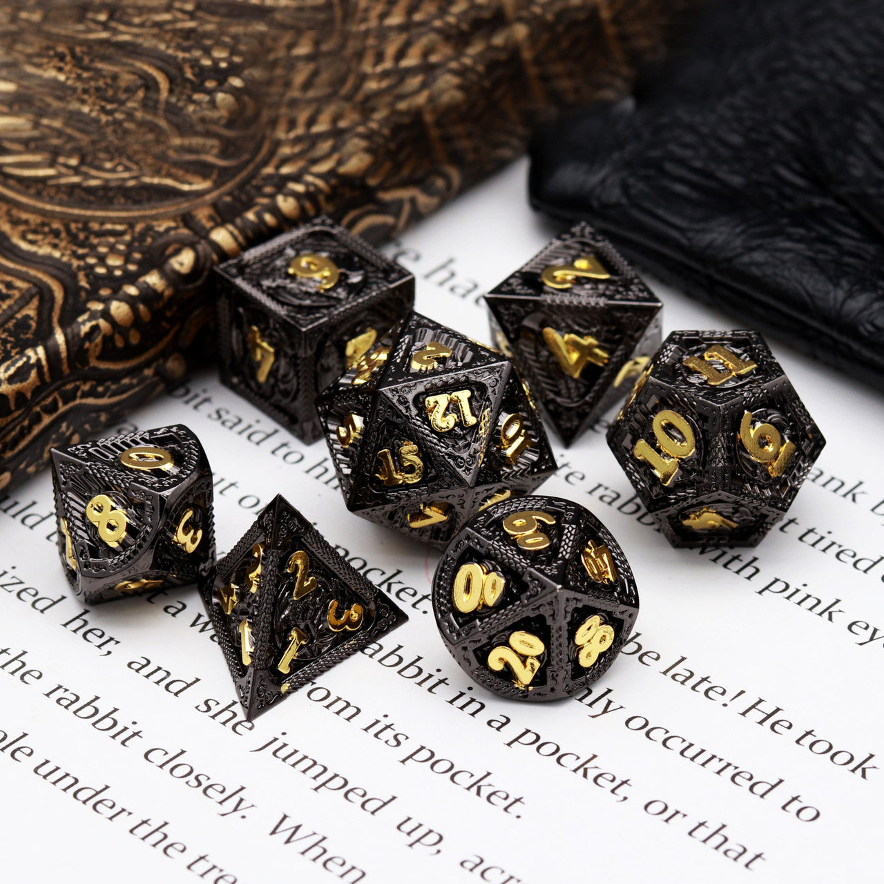 black gold metal dnd dice set dragon pattern