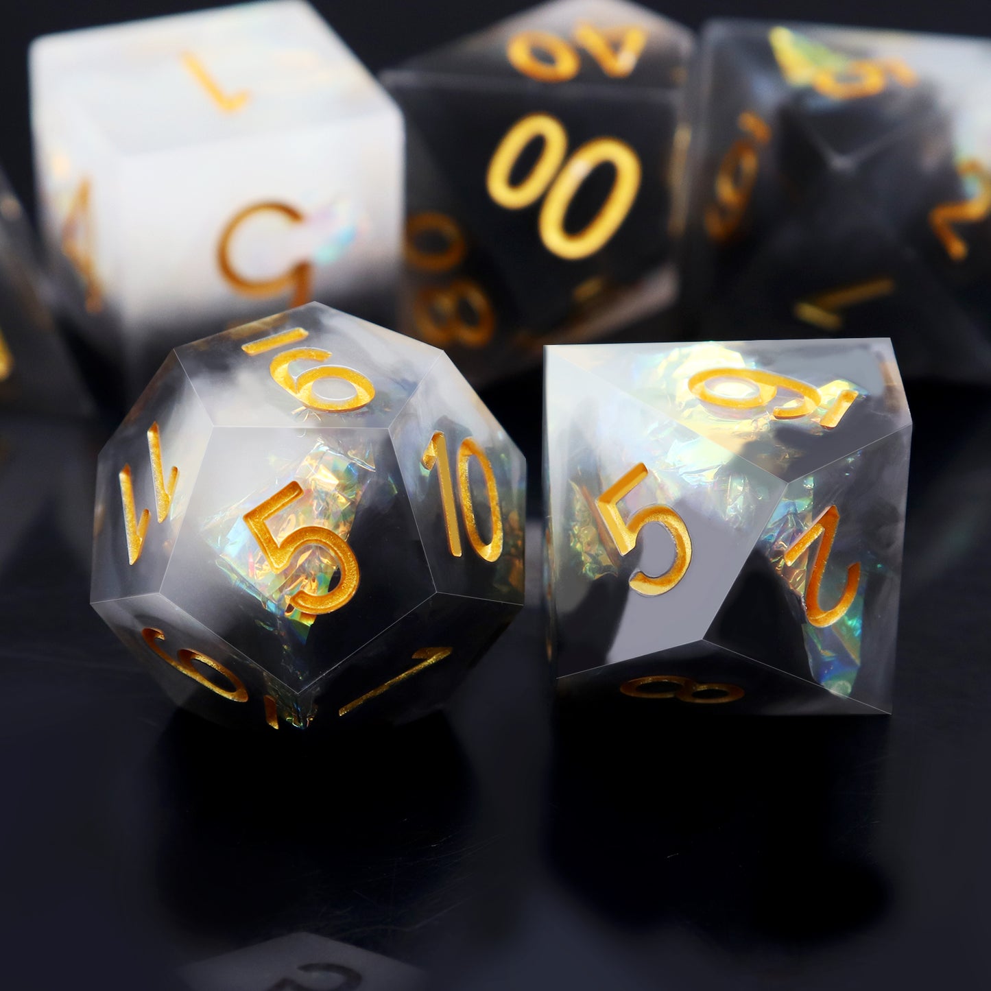 Haxtec Sharp Edge Dice Set DND Dice Black and White Resin Dice Iridecent Mylar Galaxy D&D Dice for RPG Role Playing Dungeons and Dragons Gift