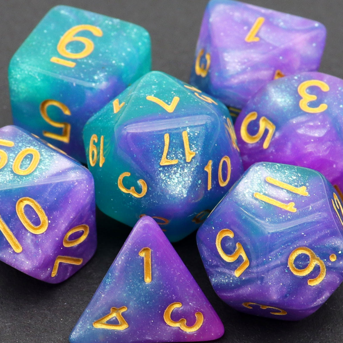 baby blue dice, purple blue dice set, glitter dice, dnd dice, dice set, blue dice, purple dice