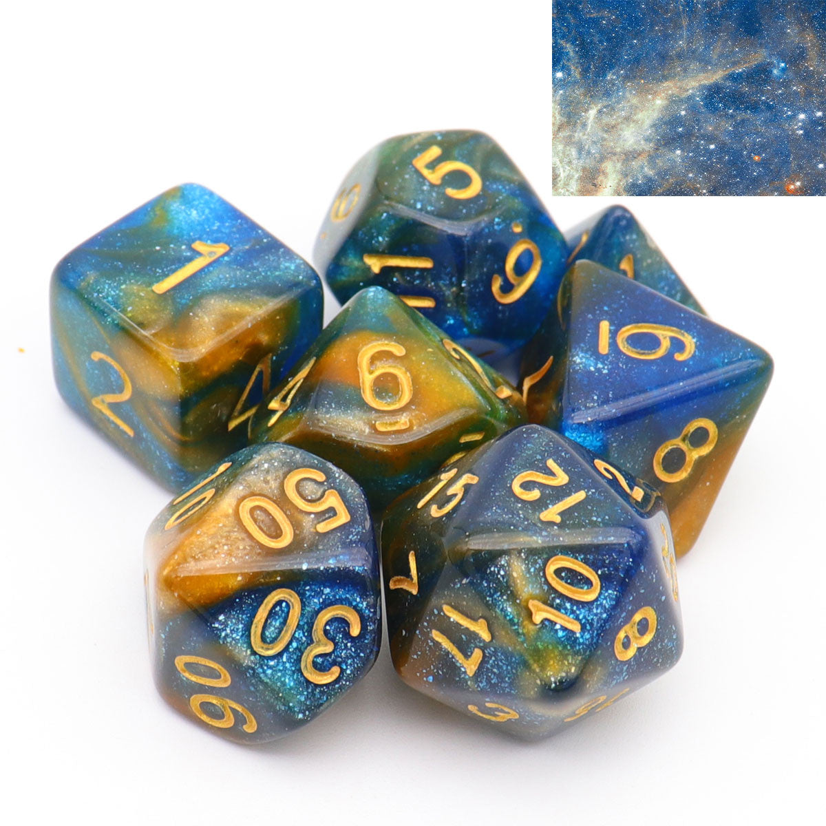 yellow blue dice, glitter dice, yellwo dice, blye dice, galaxy dice, nebula dice, dnd dice, dice set d d dice, polyhedral dice