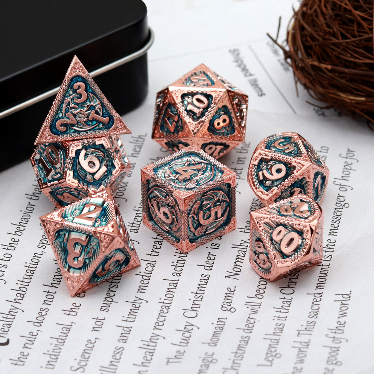 rosegold metal dnd dice set blue dragon pattern dnd dice