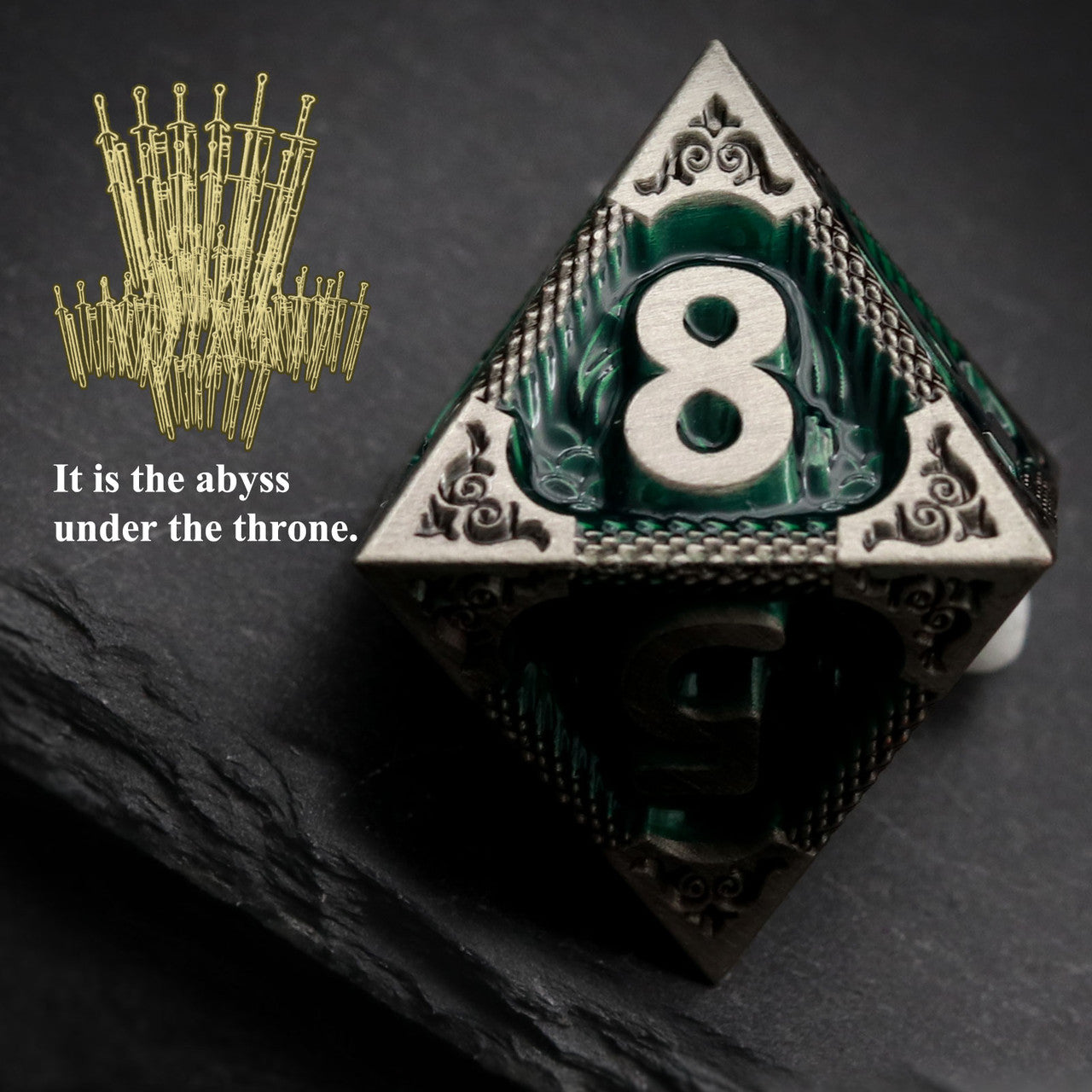 green metal dnd dice set with dragon pattern and dragon skin leather dice bag