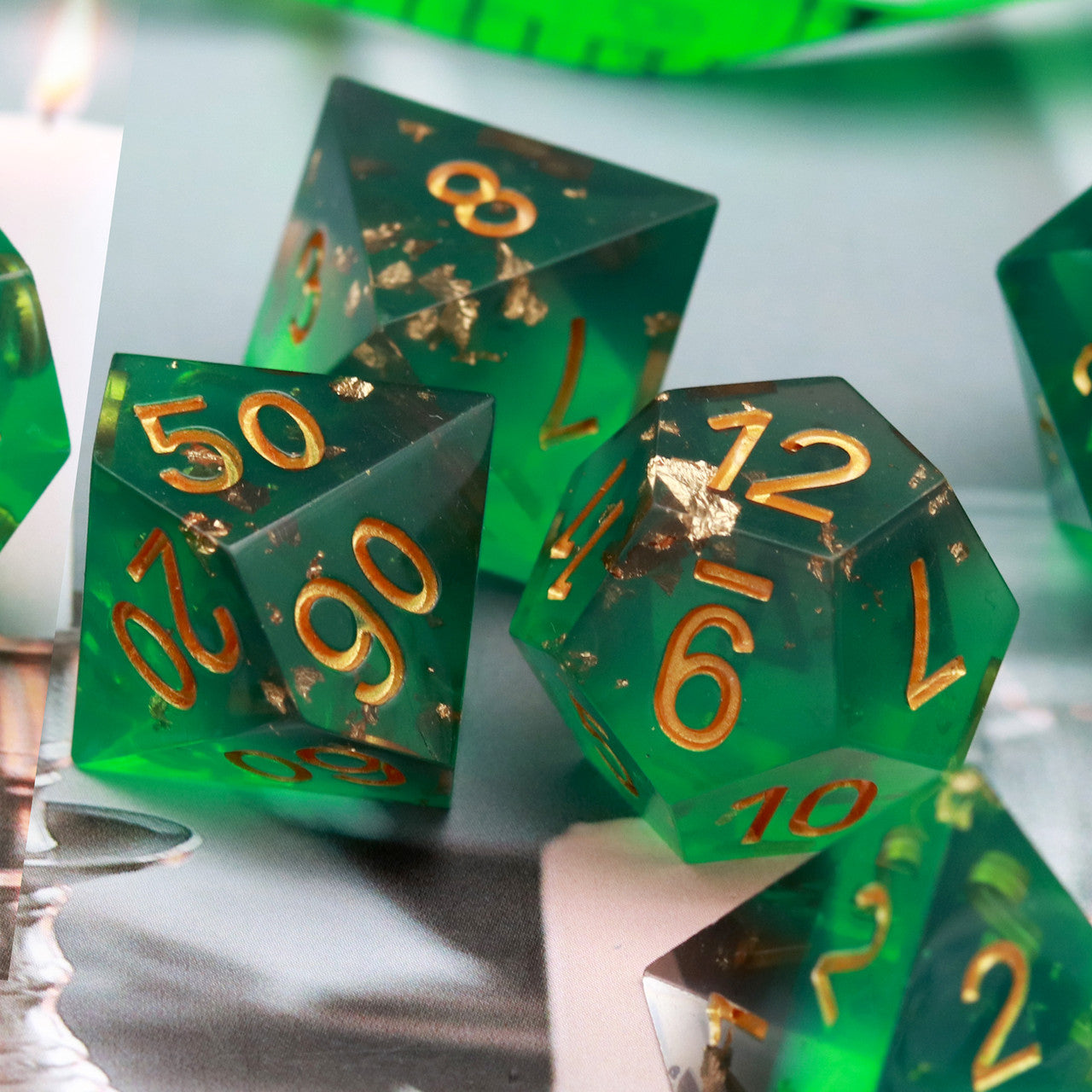 Haxtec Sharp Edge Resin Dice Set Green Black Gold Foil War Series With Velvet Dice Vault-Green Black War