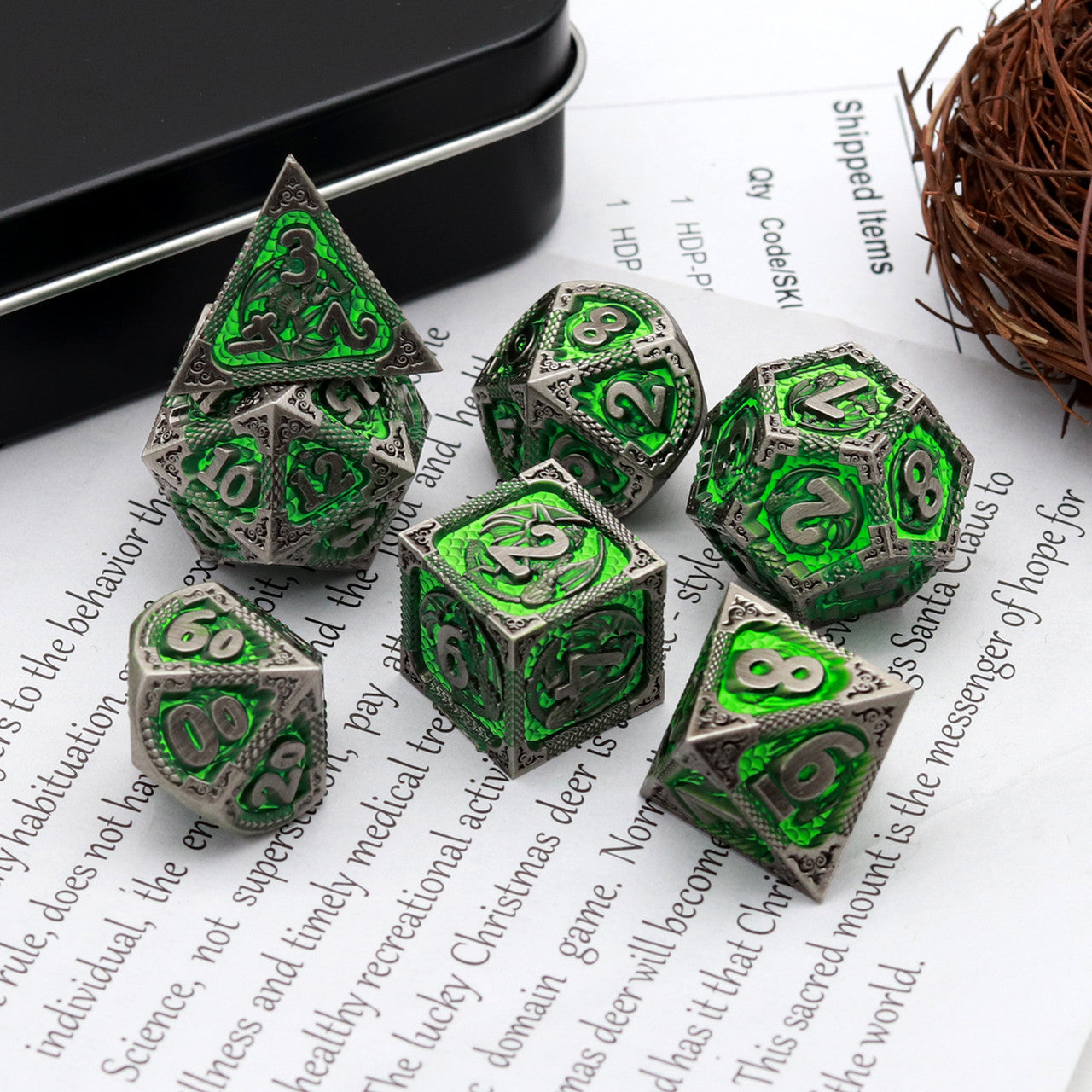 antique metal dice set green